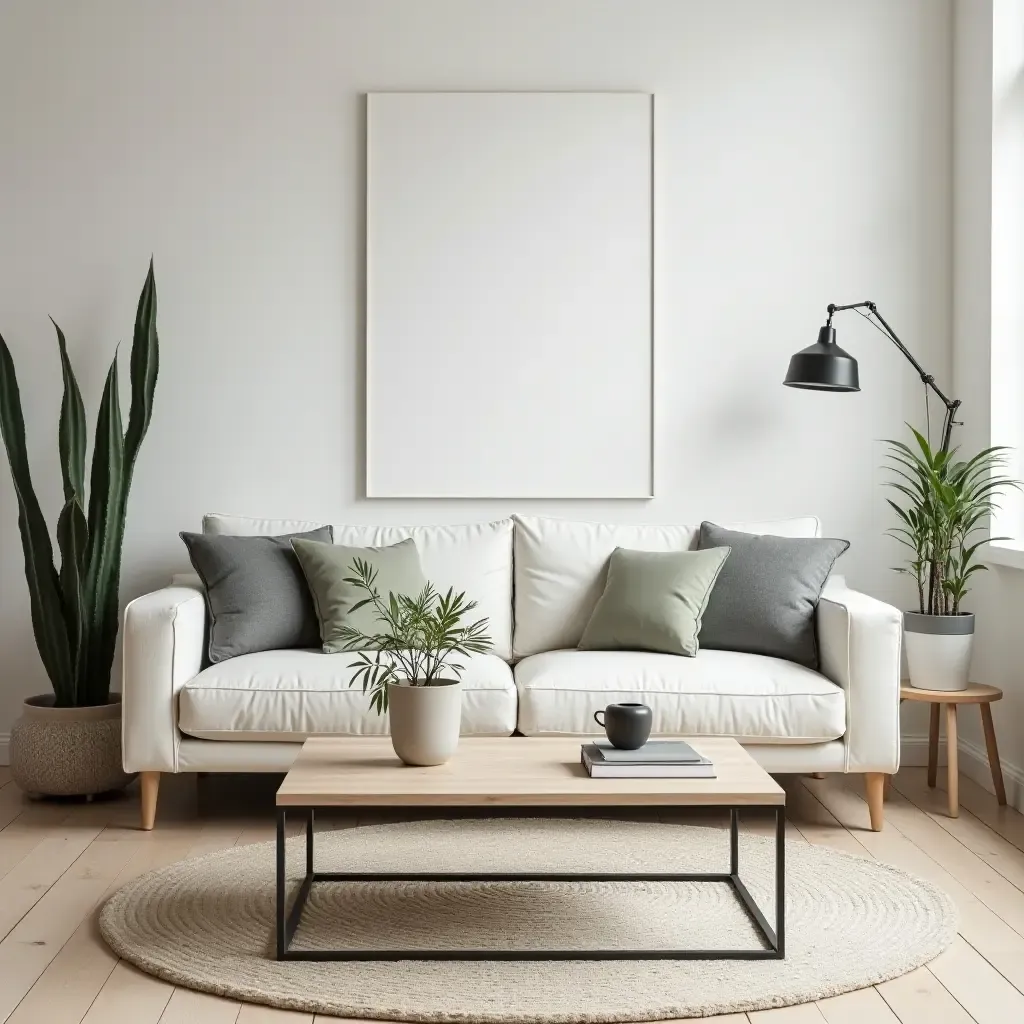 a photo of a contemporary Scandinavian living room with a minimalist coffee table and plants