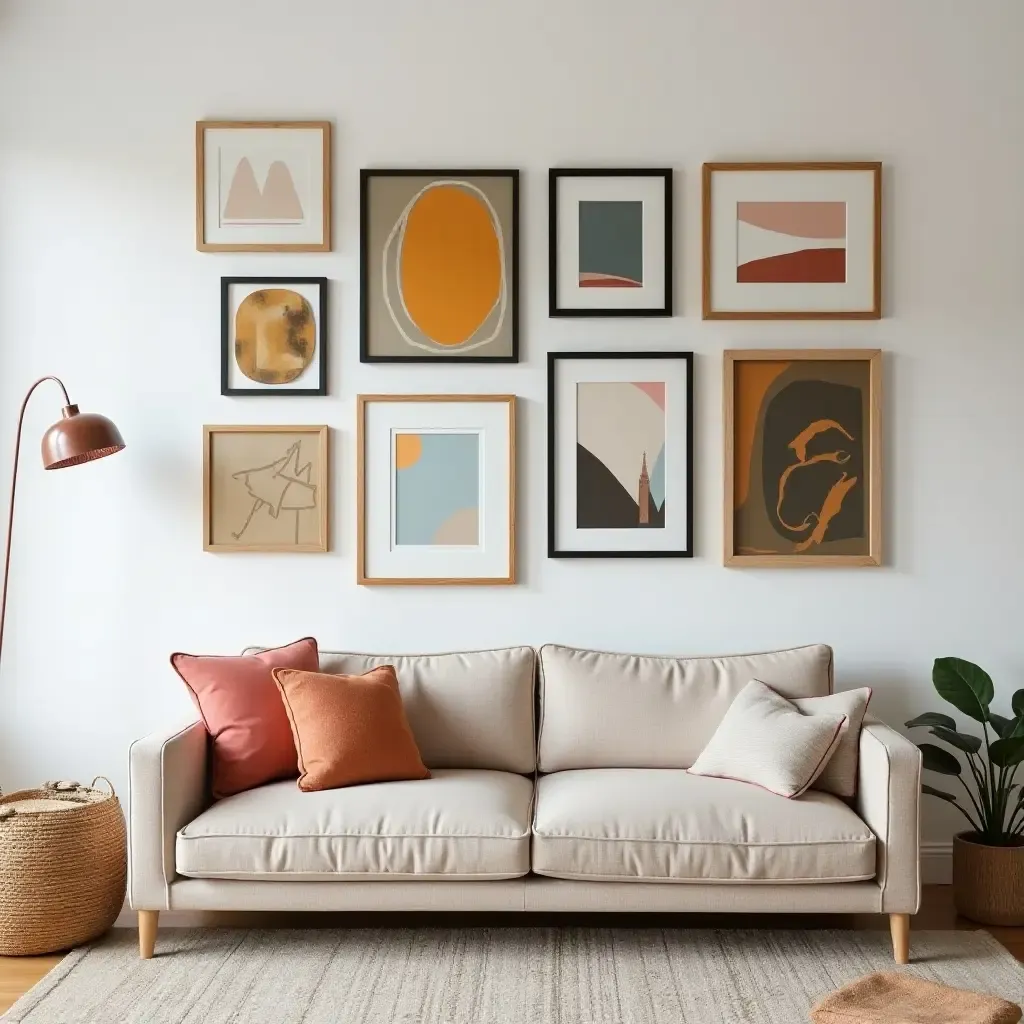 a photo of a colorful eclectic gallery wall featuring various frame styles