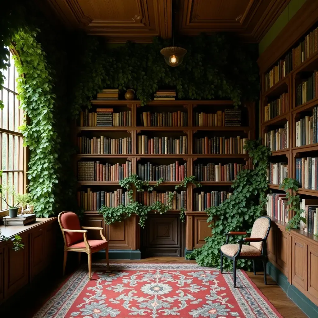 a photo of a charming library with ivy creeping up the walls and bookshelves