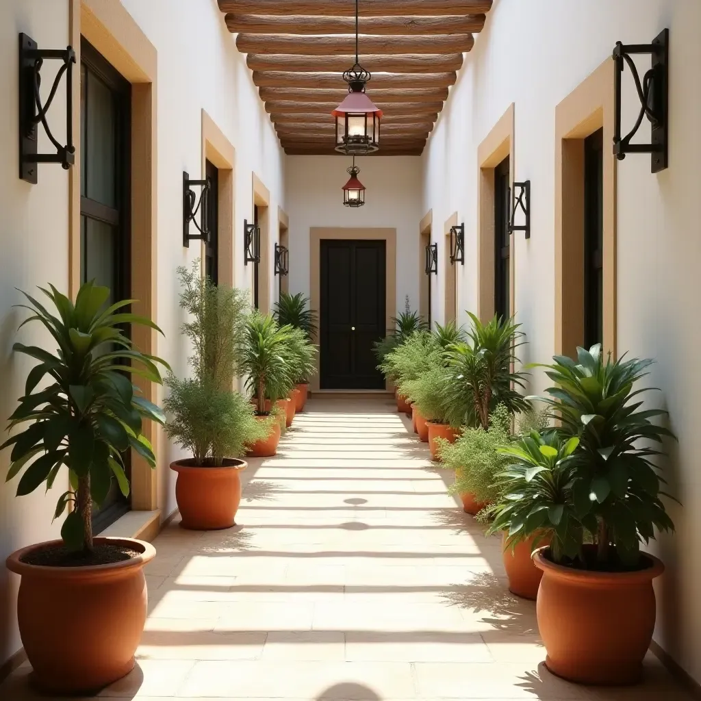 a photo of an inviting corridor with terracotta pots and Mediterranean plants