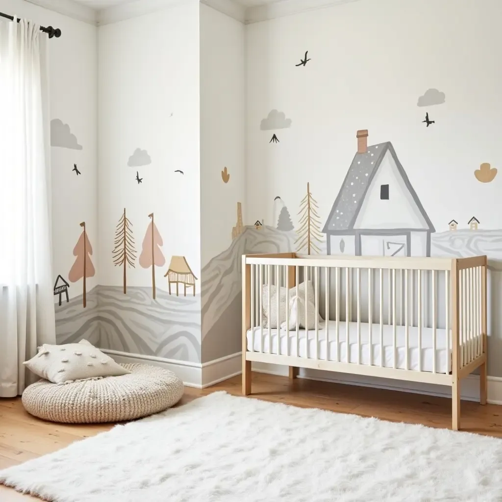 a photo of a playful nursery with a farmhouse mural and cozy floor cushions