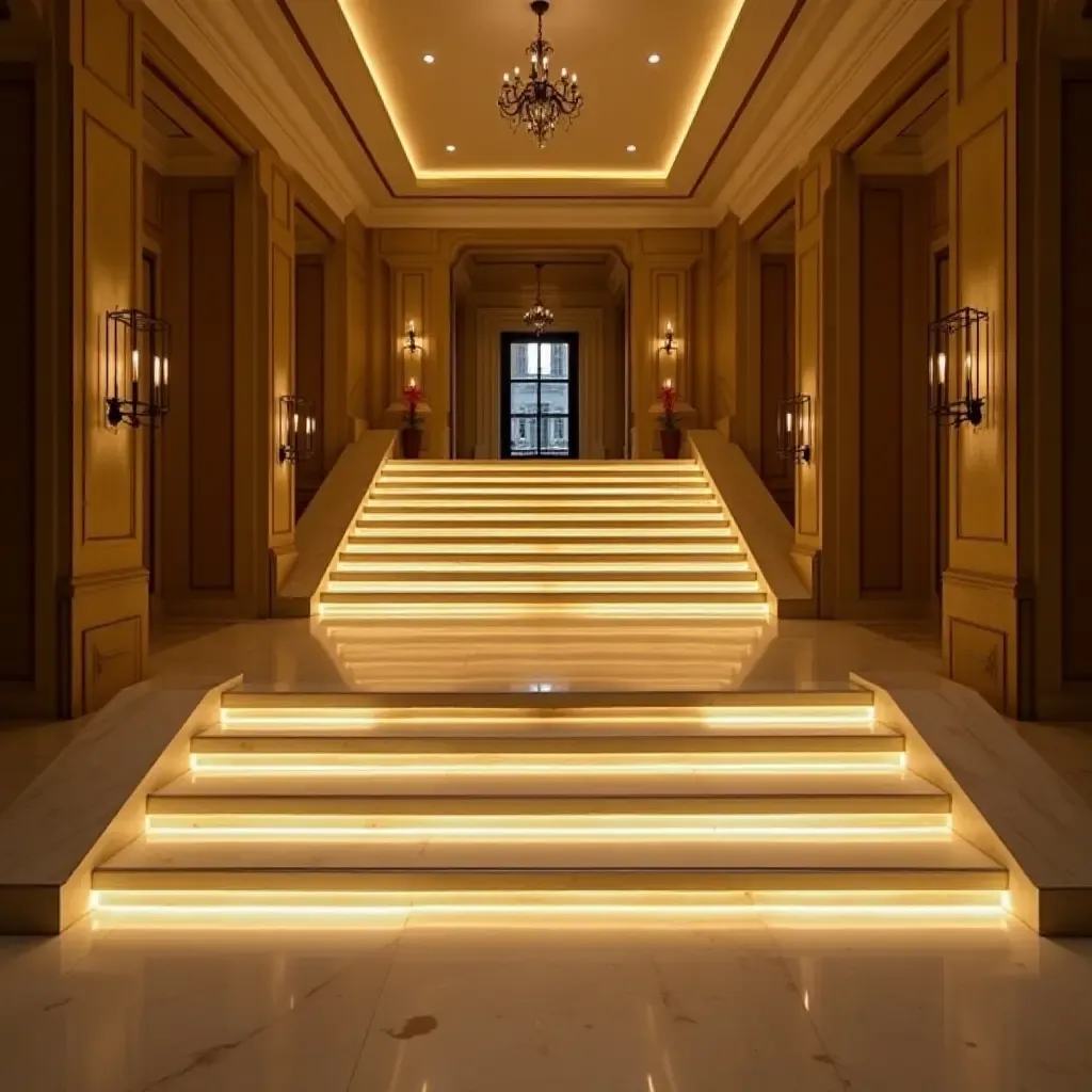 a photo of a staircase with illuminated steps in a grand entrance hall