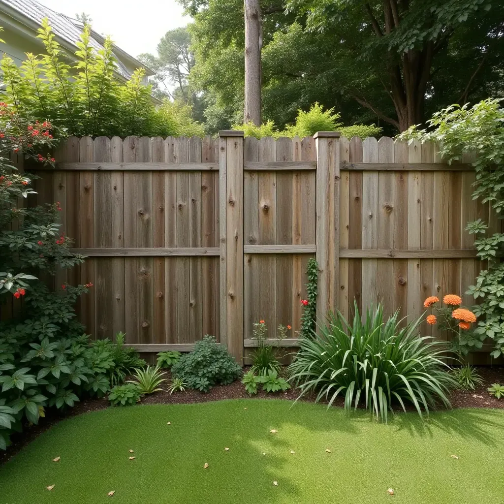 a photo of a vintage wooden fence transformed into a garden wall