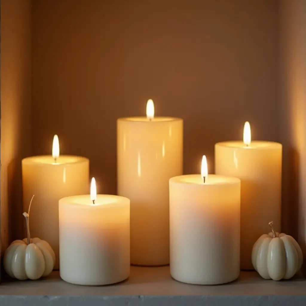 a photo of a collection of candles in various sizes on a shelf