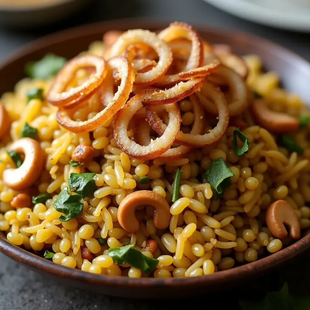 a photo of lentil and vegetable biryani topped with fried onions and cashews.