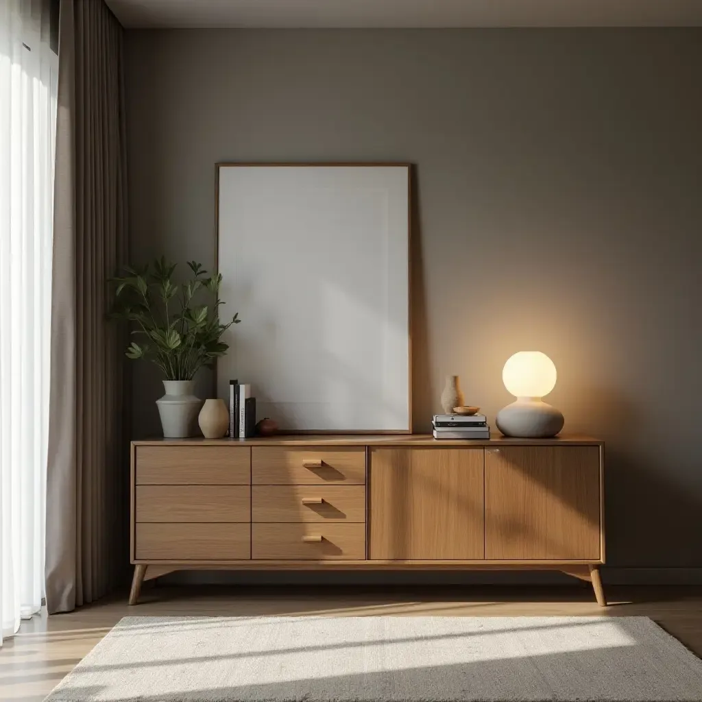 a photo of a contemporary living room with a vintage cabinet and modern lighting