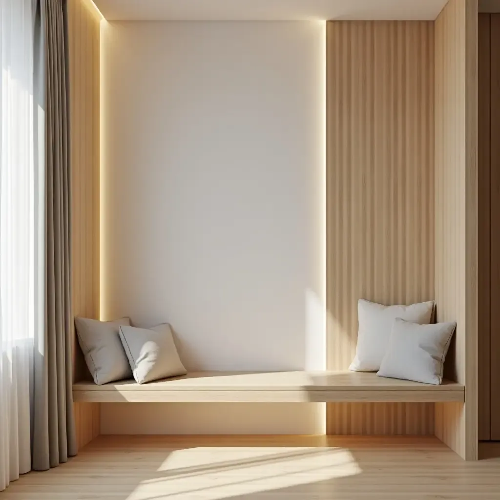 a photo of a wooden bench with cushions in a corridor