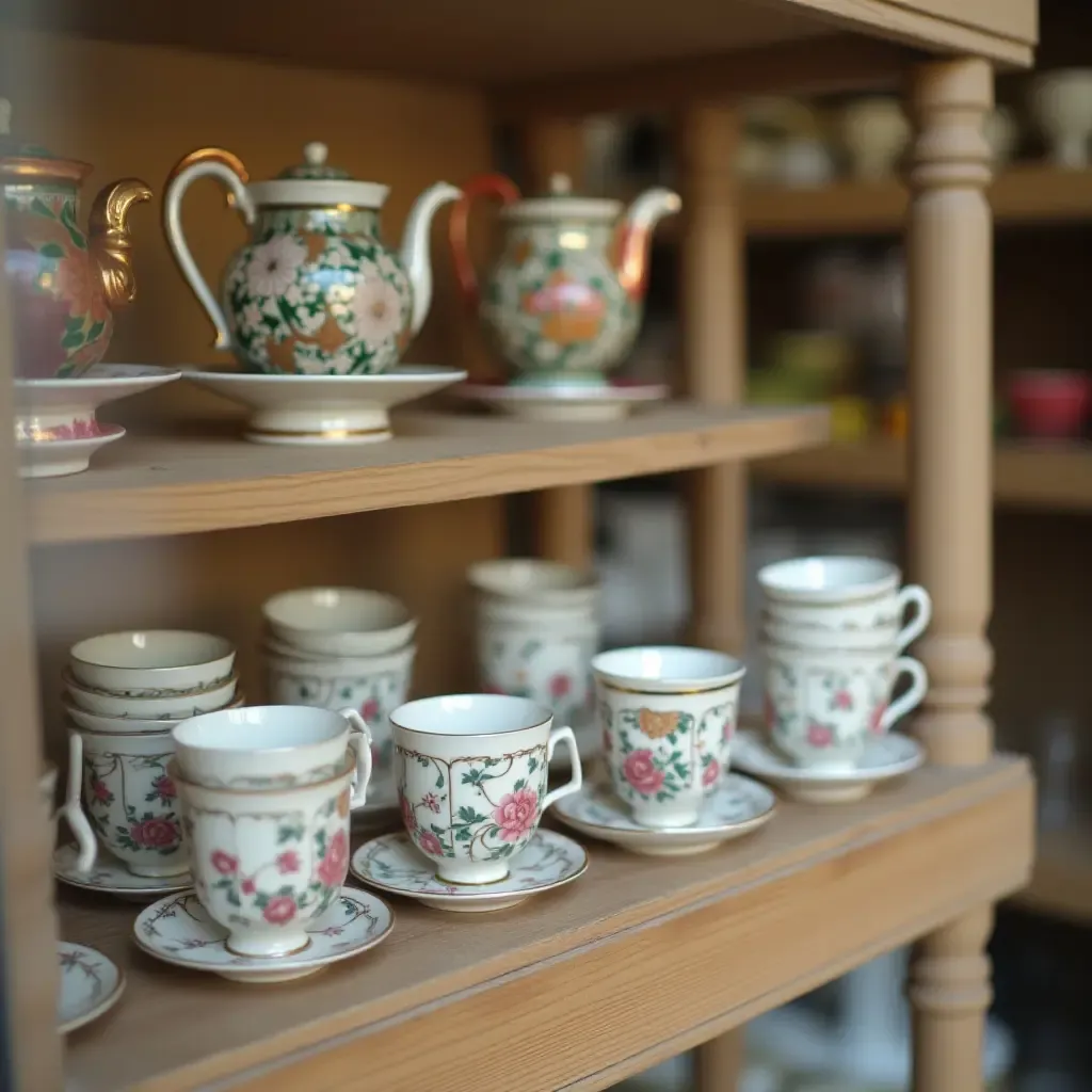 a photo of a collection of teacups displayed on a shelf