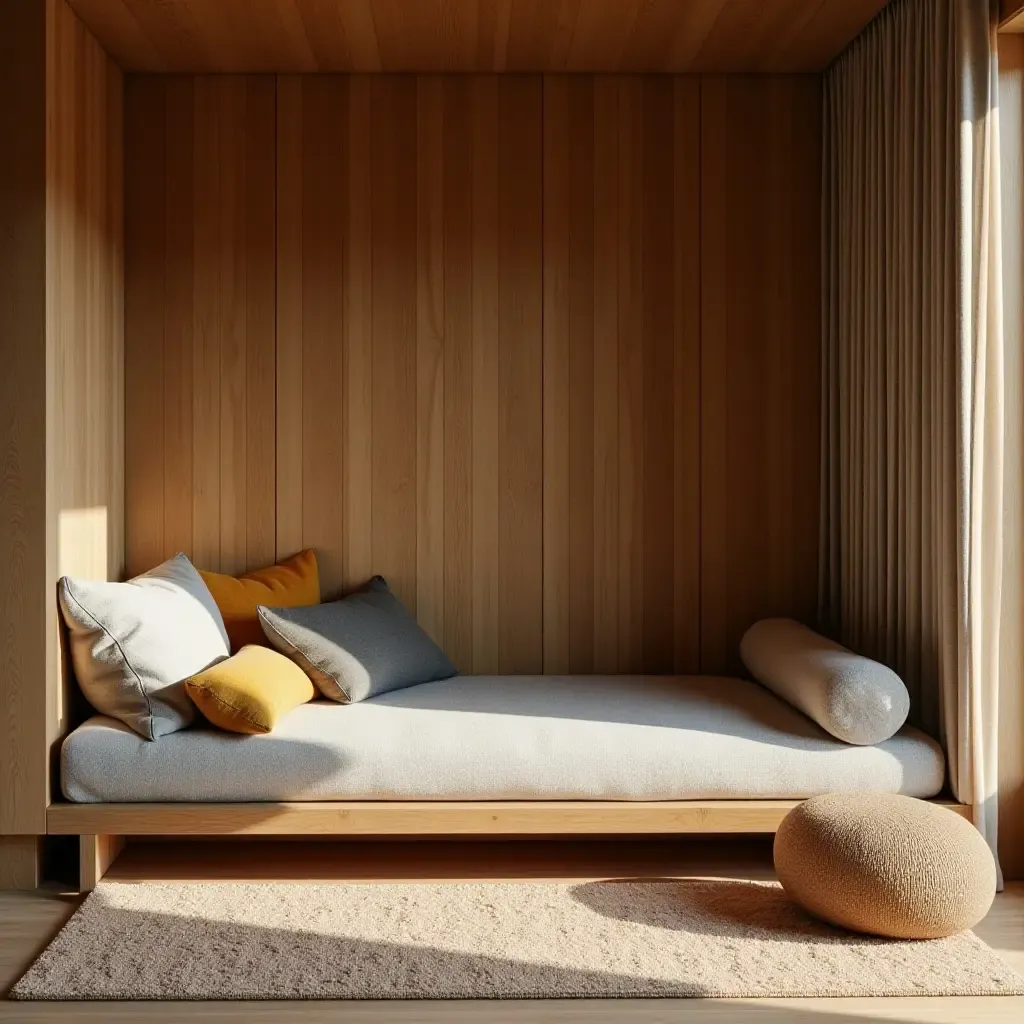 a photo of a reading nook designed with warm wood accents and a rug