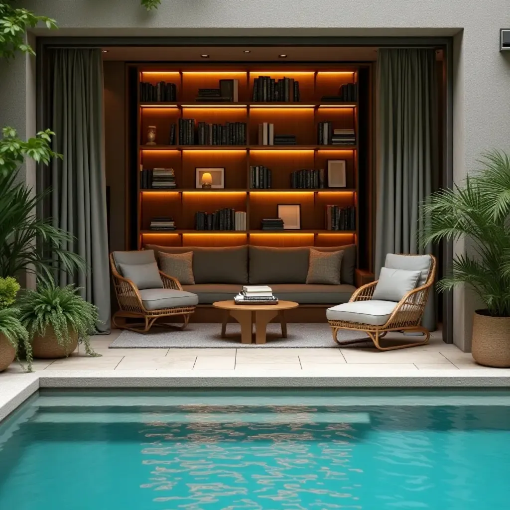 a photo of a cozy reading nook with bookshelves beside the pool