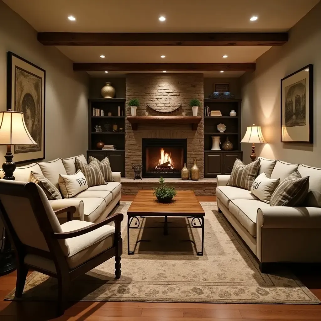 a photo of a cozy basement with rustic farmhouse furniture and warm lighting