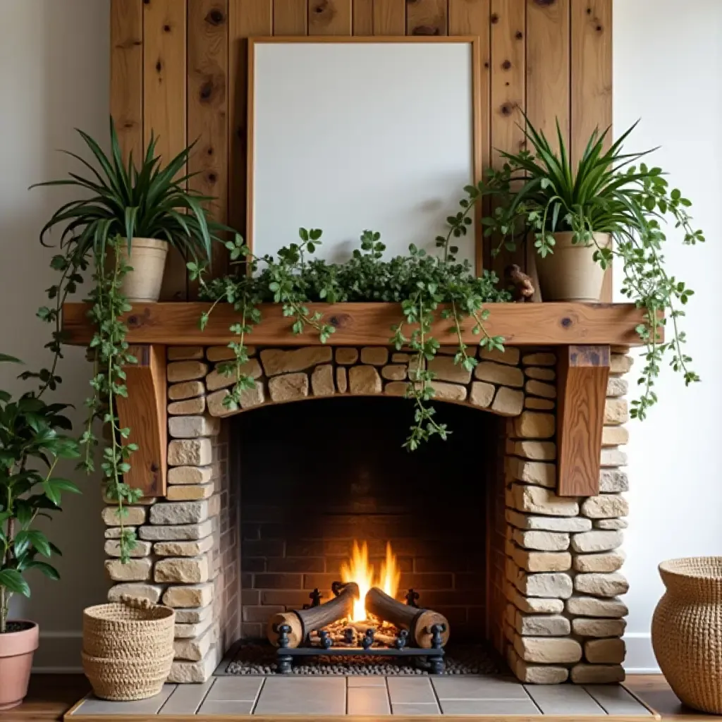 a photo of a rustic wooden fireplace mantel adorned with plants