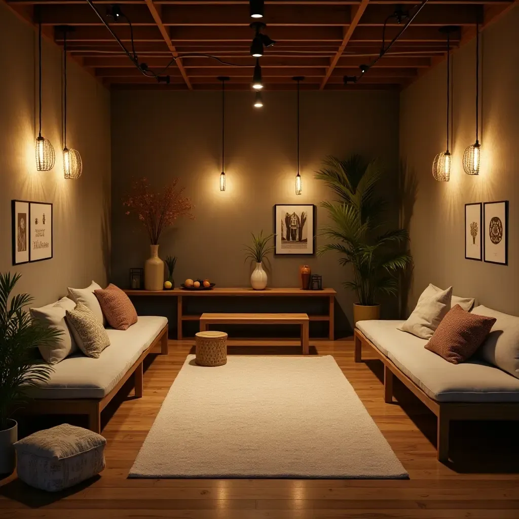 a photo of a basement meditation space with industrial lighting and decor