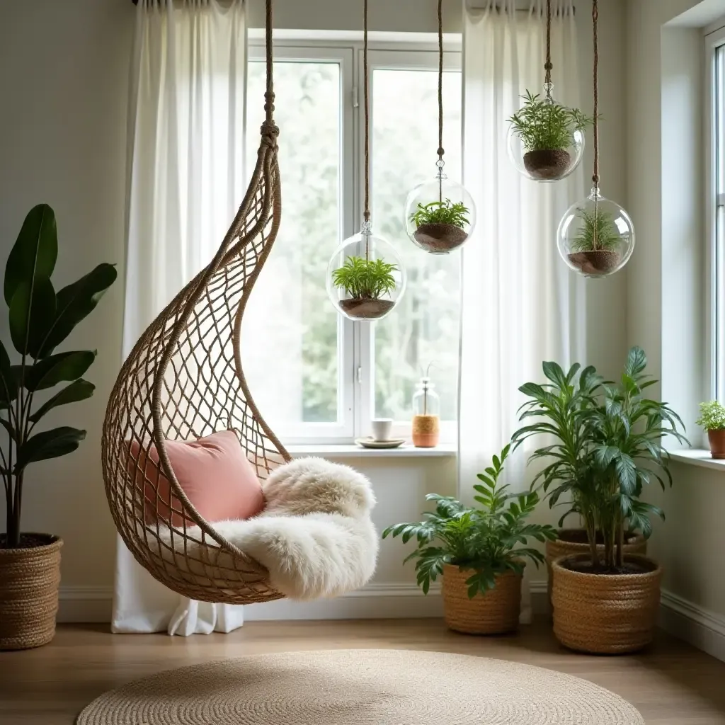 a photo of a tranquil space with a hammock chair and hanging terrariums