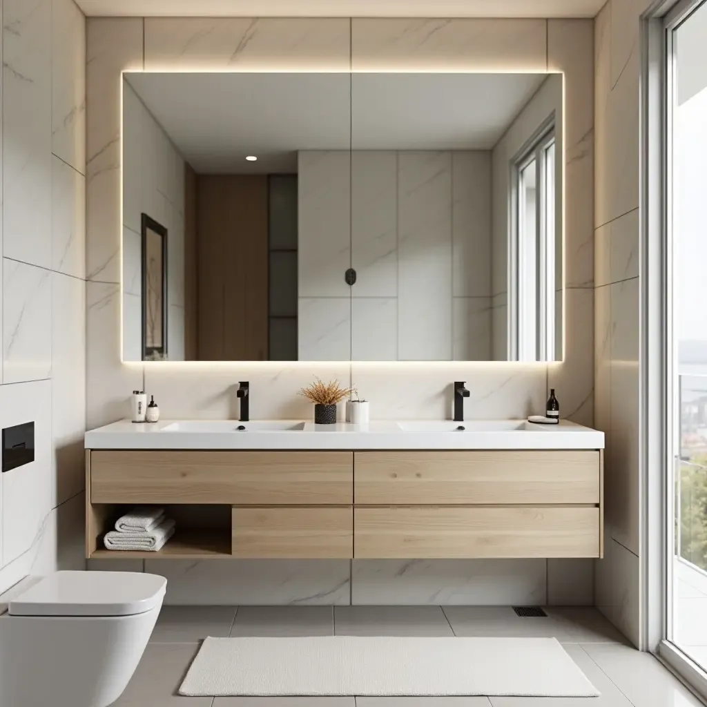 a photo of a contemporary bathroom with an oversized mirror and sleek fixtures