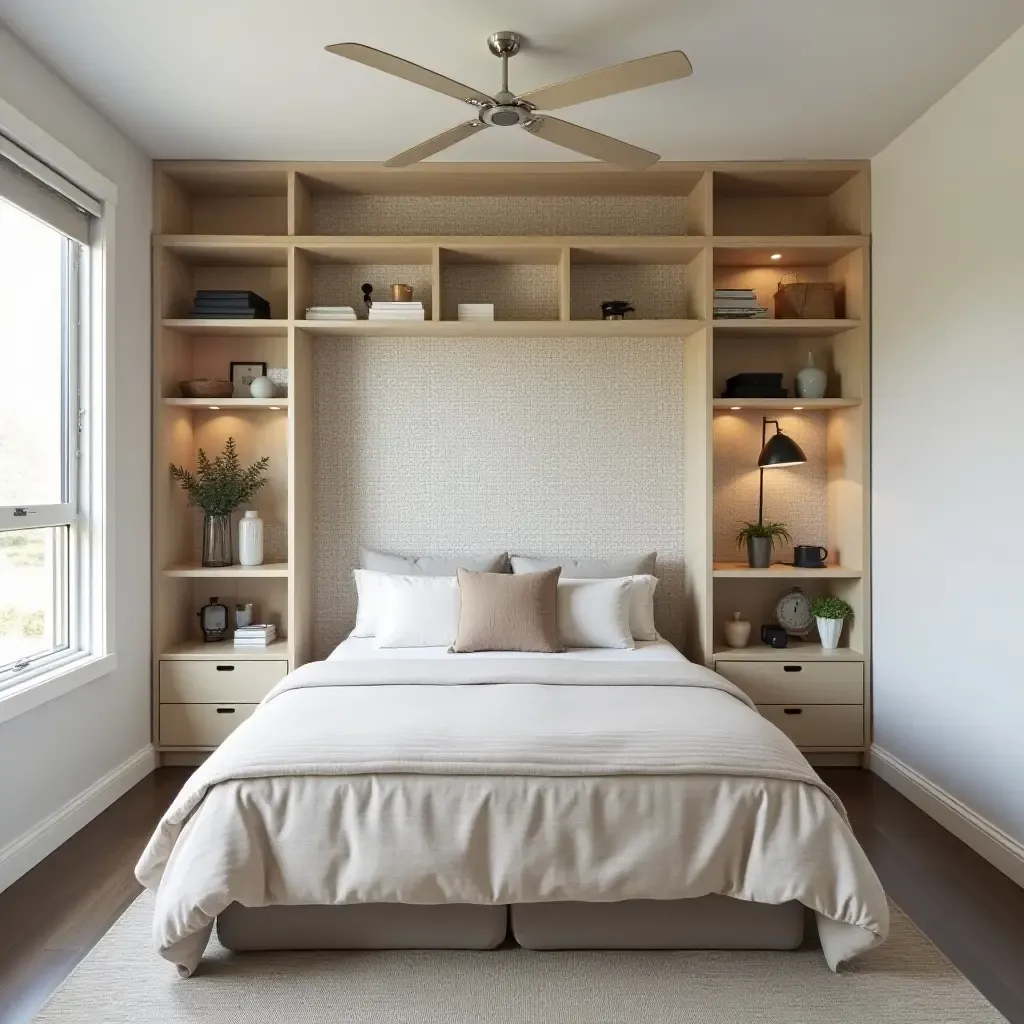 a photo of a functional bedroom featuring pegboard storage