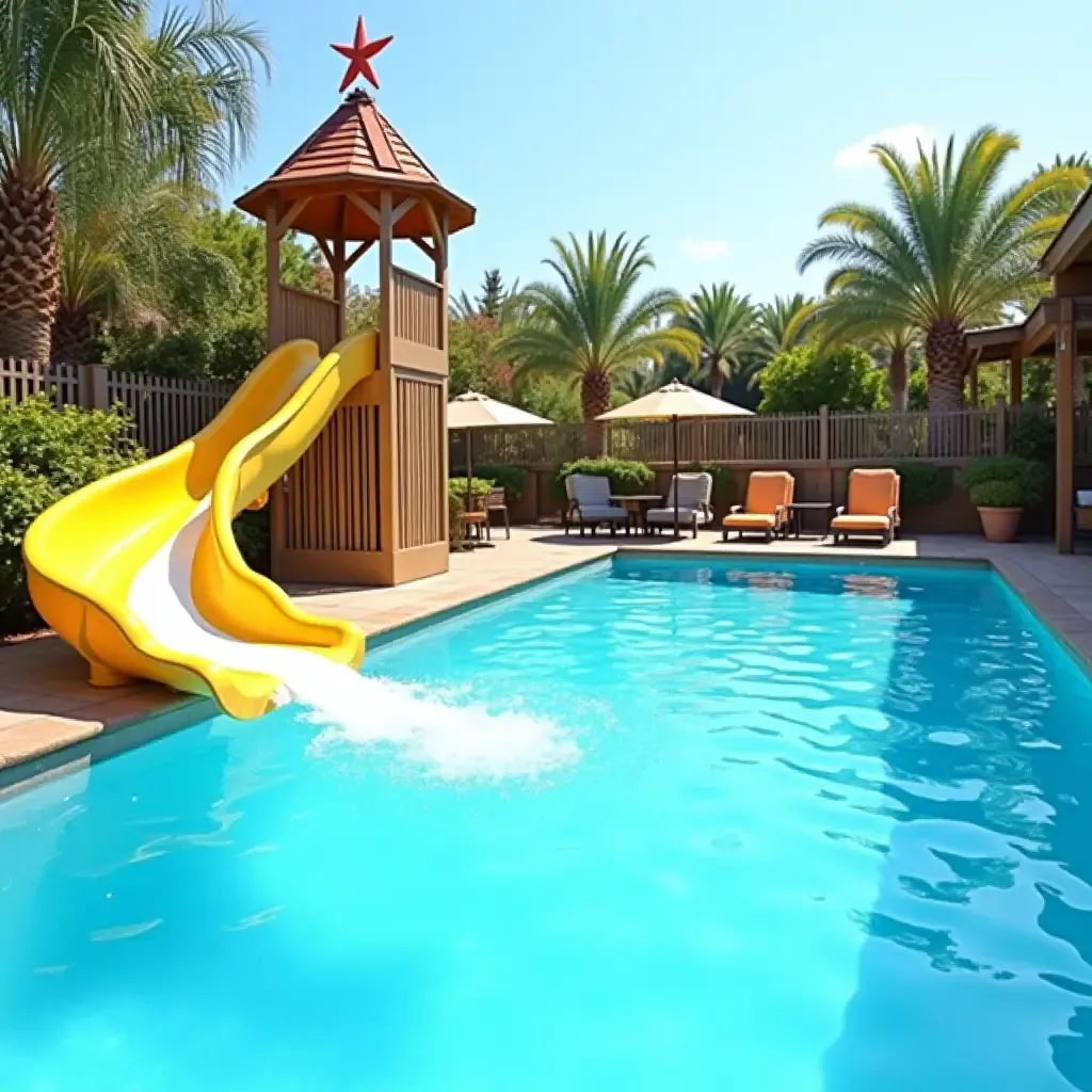 a photo of a pool area featuring a whimsical water slide for fun