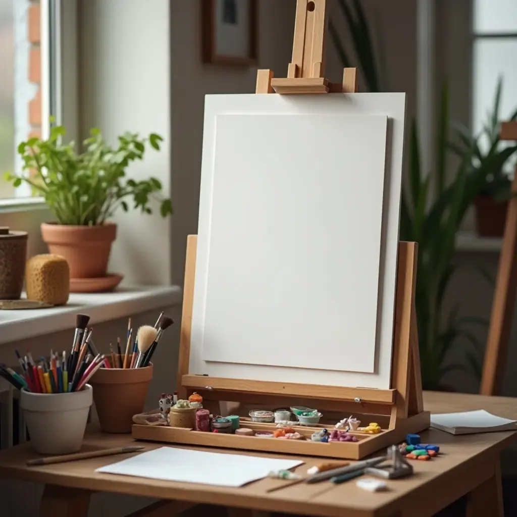 a photo of a creative studio setup with an easel and artistic tools