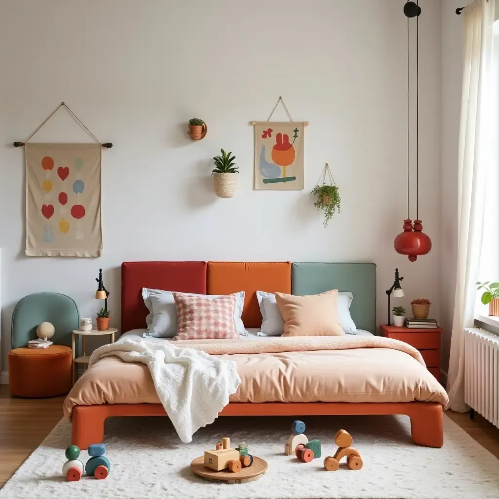 a photo of a playful bedroom with colorful velvet accents, wooden toys, and linen wall hangings