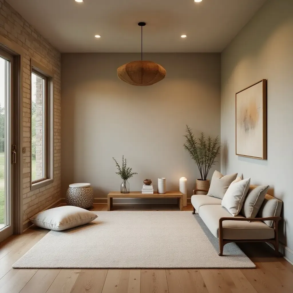 a photo of a serene basement meditation space with cozy farmhouse elements