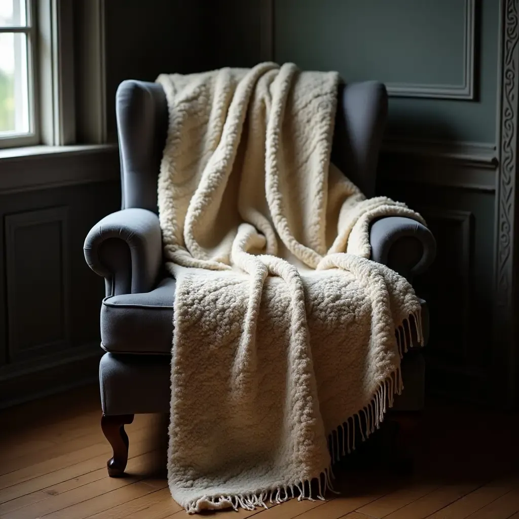 a photo of a cozy throw blanket draped over a dark armchair