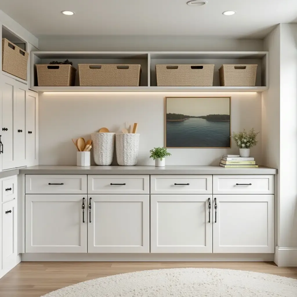 a photo of a basement storage solution with farmhouse-style cabinets and bins