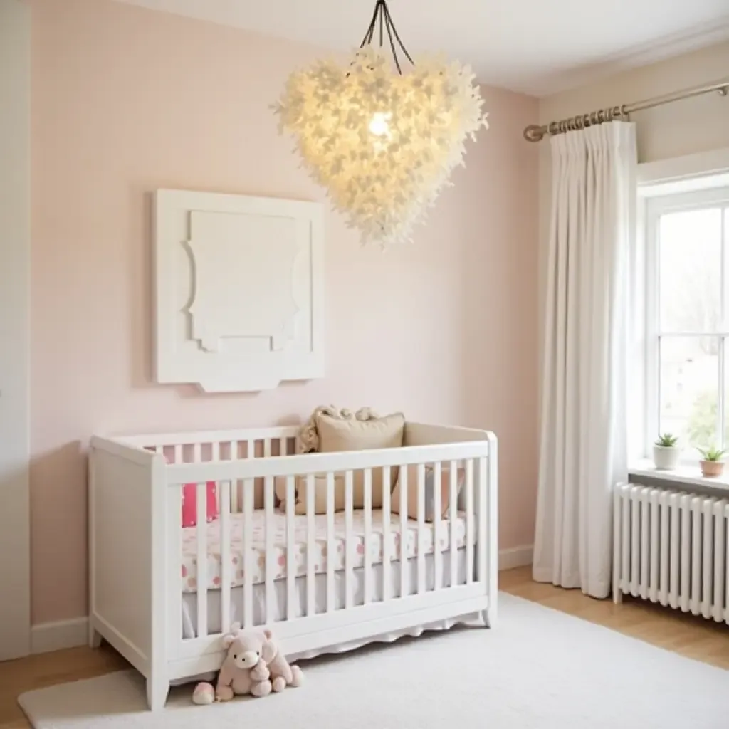 a photo of a nursery with a shimmering chandelier and pastel colors