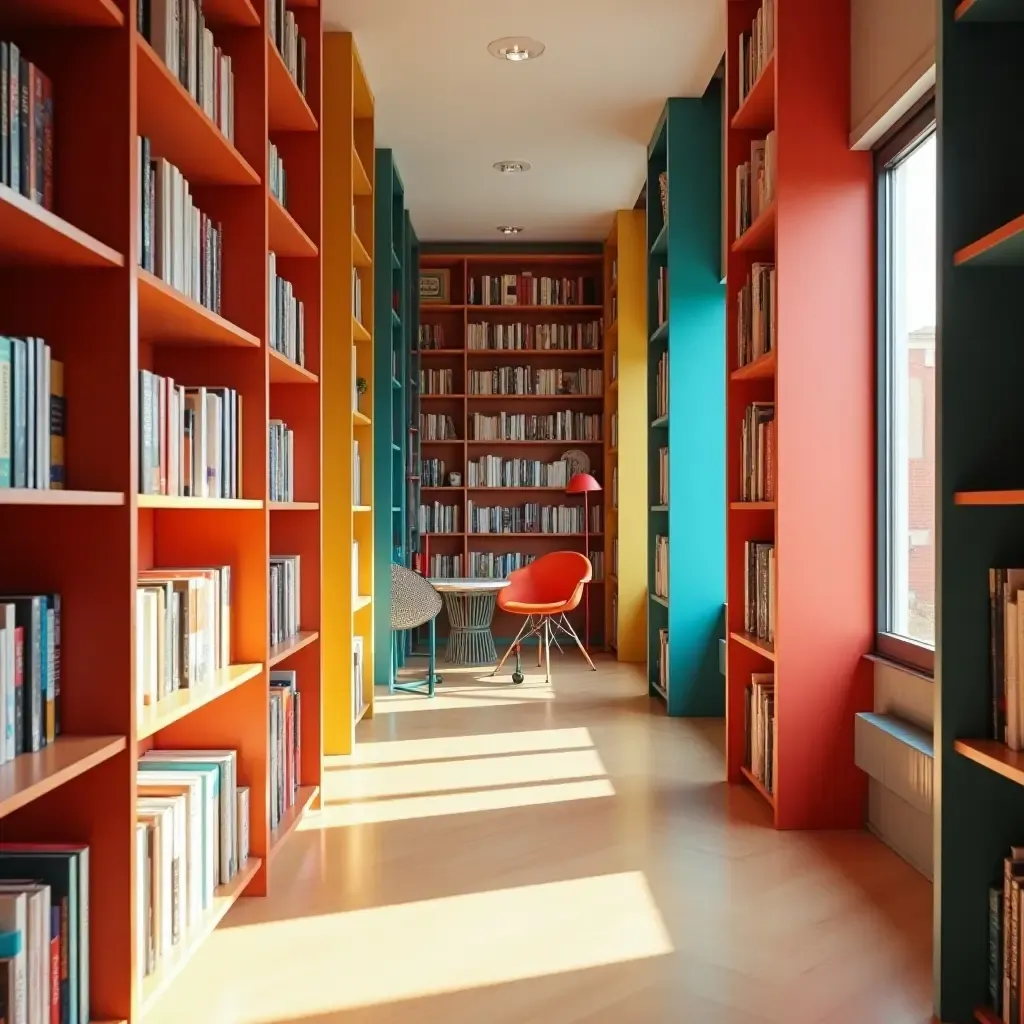 a photo of a bright library with open shelving and vibrant decor