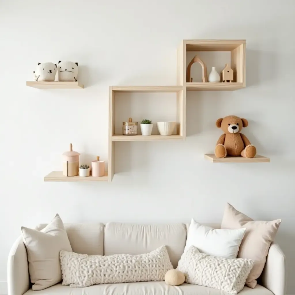 a photo of a stylish nursery with wall-mounted shelves for toys