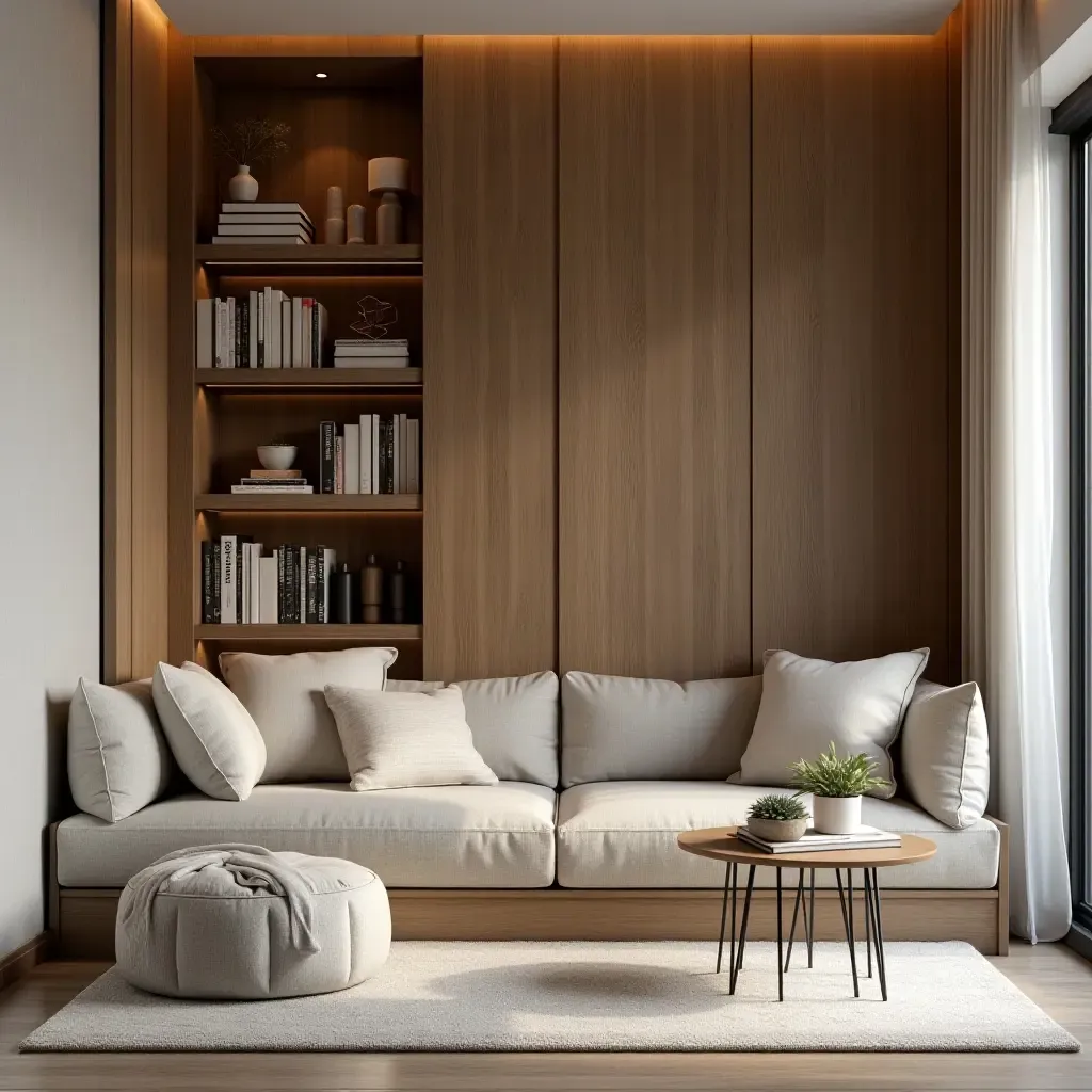 a photo of a cozy corner with a bookshelf and soft cushions