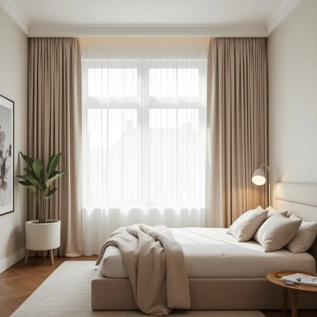 a photo of a tranquil bedroom with soft curtains and minimalist furniture