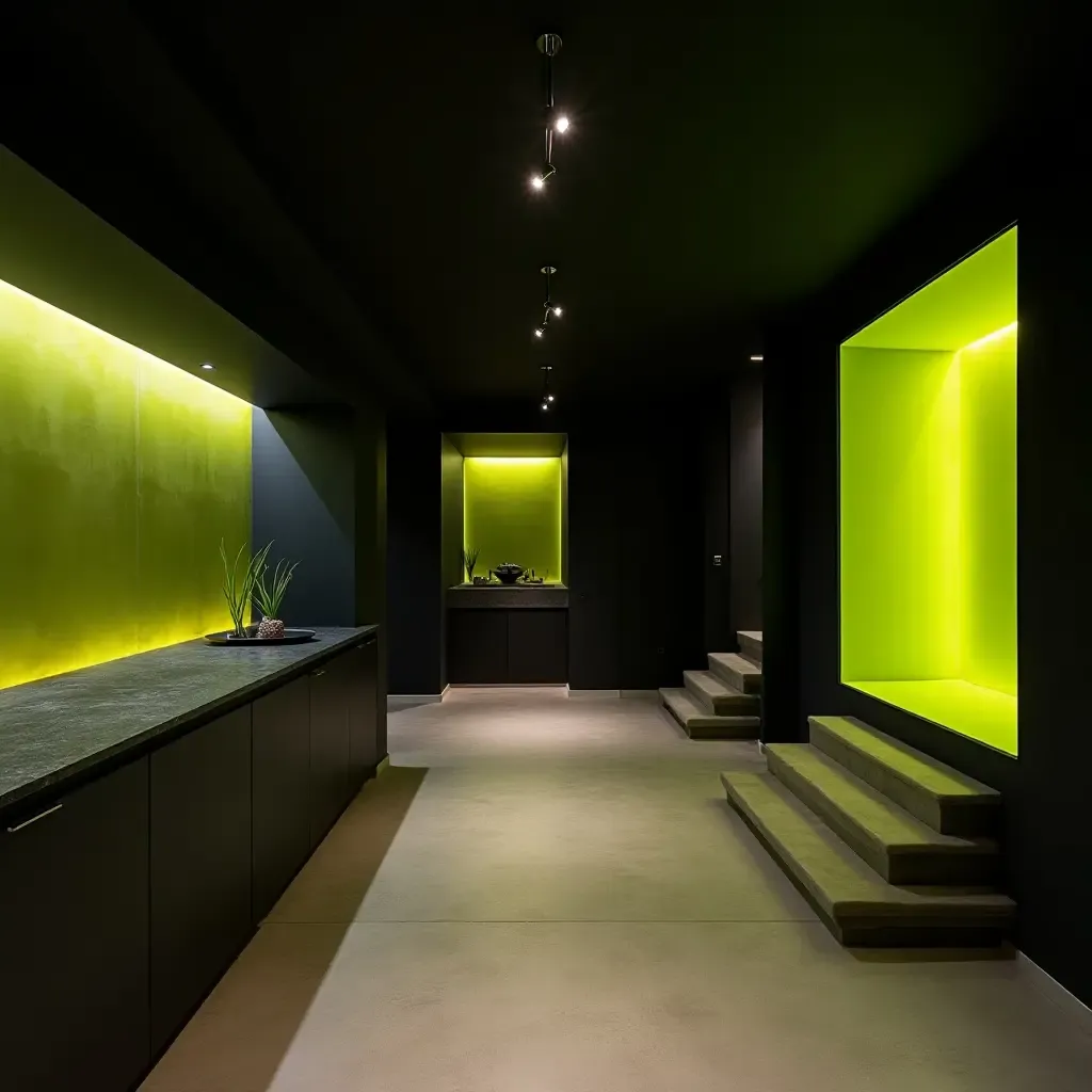 a photo of a modern basement featuring sleek black and vibrant lime green