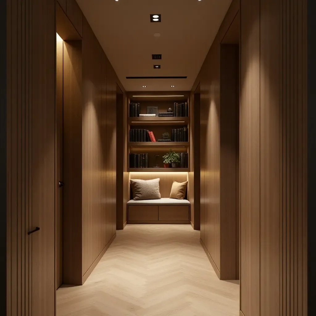 a photo of a narrow corridor with a small library nook