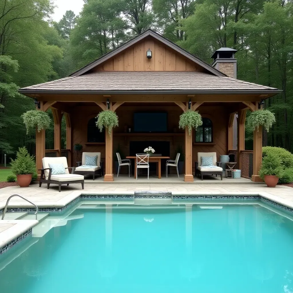 a photo of a rustic poolside gazebo decorated with farmhouse decor and hanging plants