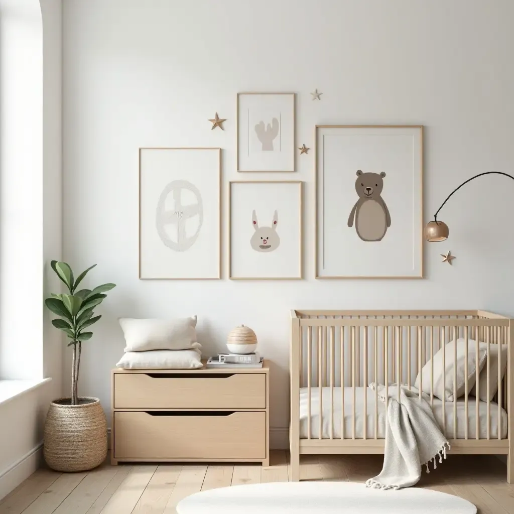 a photo of a nursery with a creative art display and storage