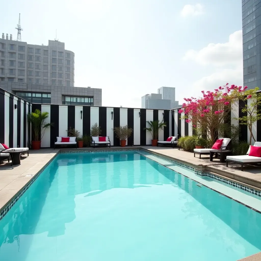 a photo of a chic rooftop pool featuring black and white stripes with vibrant flowers