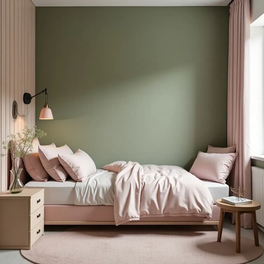 a photo of a trendy olive green and soft pink teen room