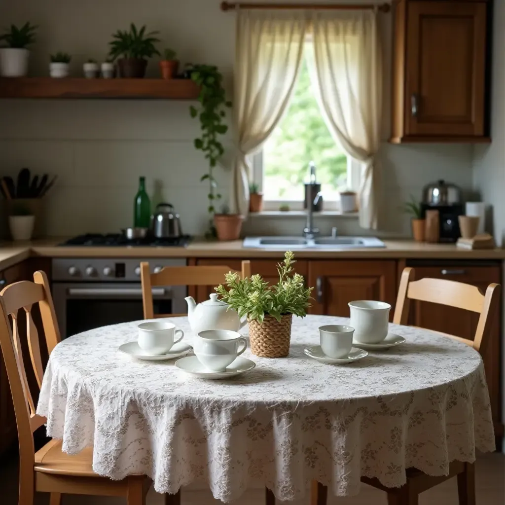 a photo of a kitchen with a lace tablecloth and delicate china