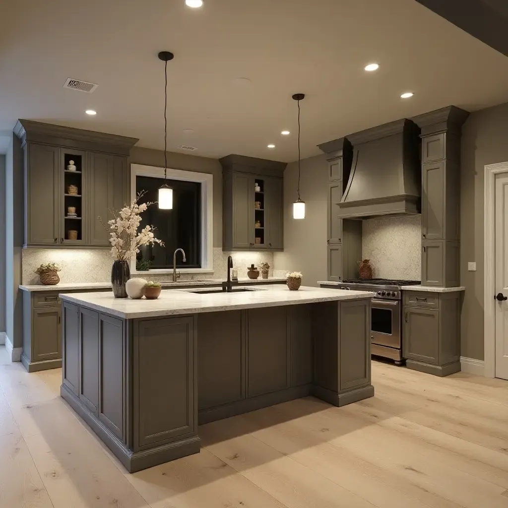 a photo of a basement with a chic storage island