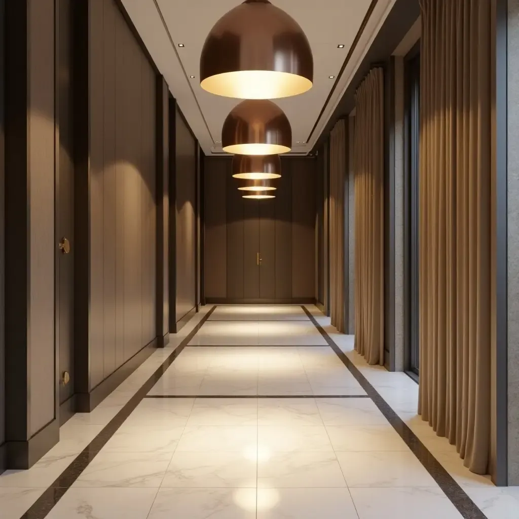 a photo of a contemporary corridor featuring metallic pendant lights and elegant flooring