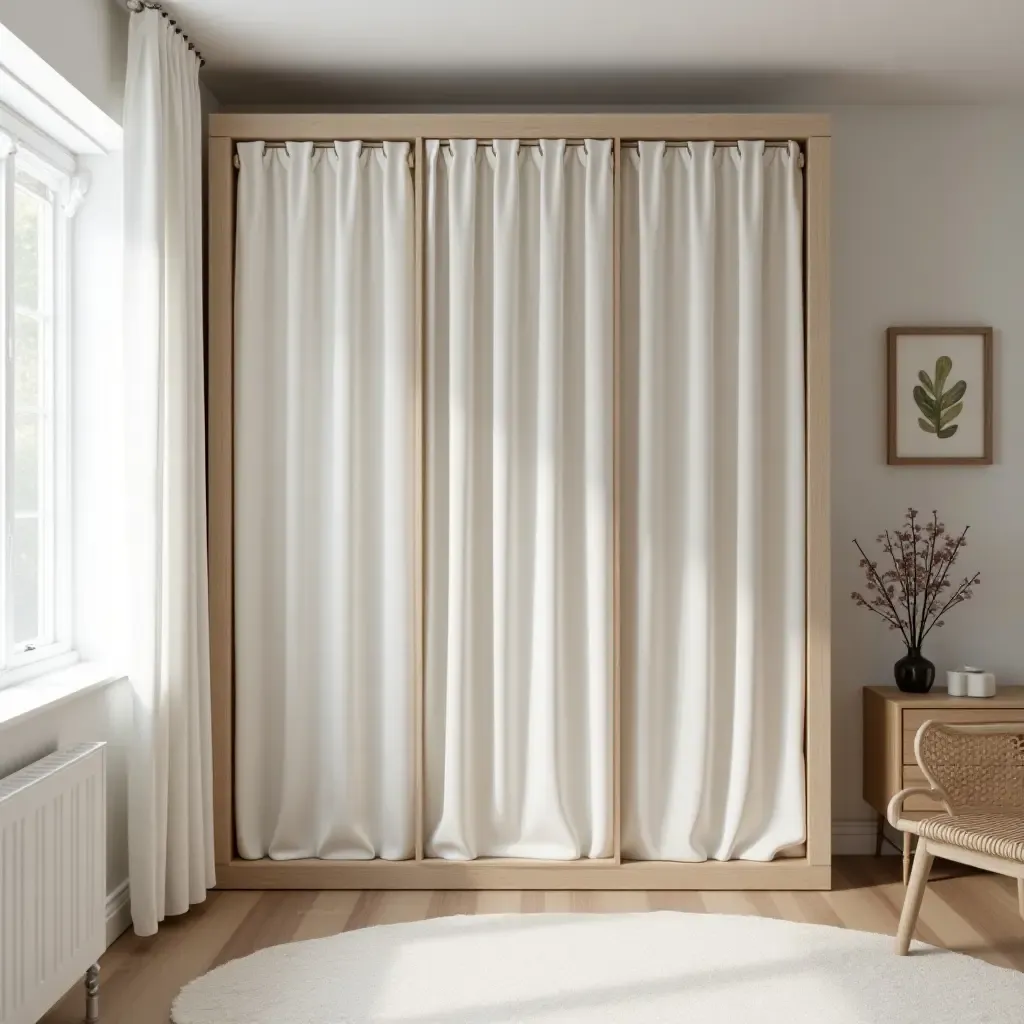 a photo of a nursery with a stylish curtain storage solution