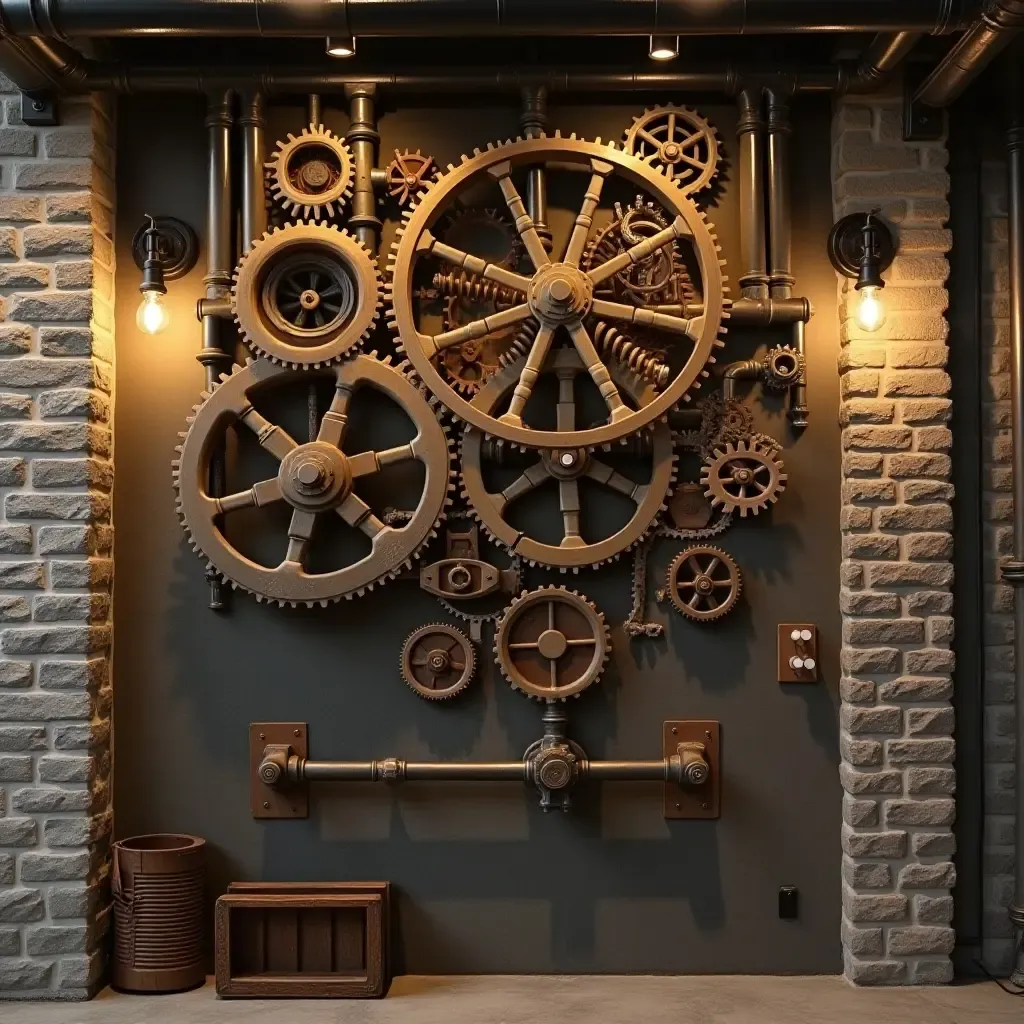 a photo of vintage gears and pipes as wall decor in a basement