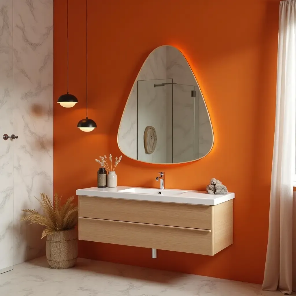 a photo of a stylish bathroom with a unique shaped mirror and bold colors