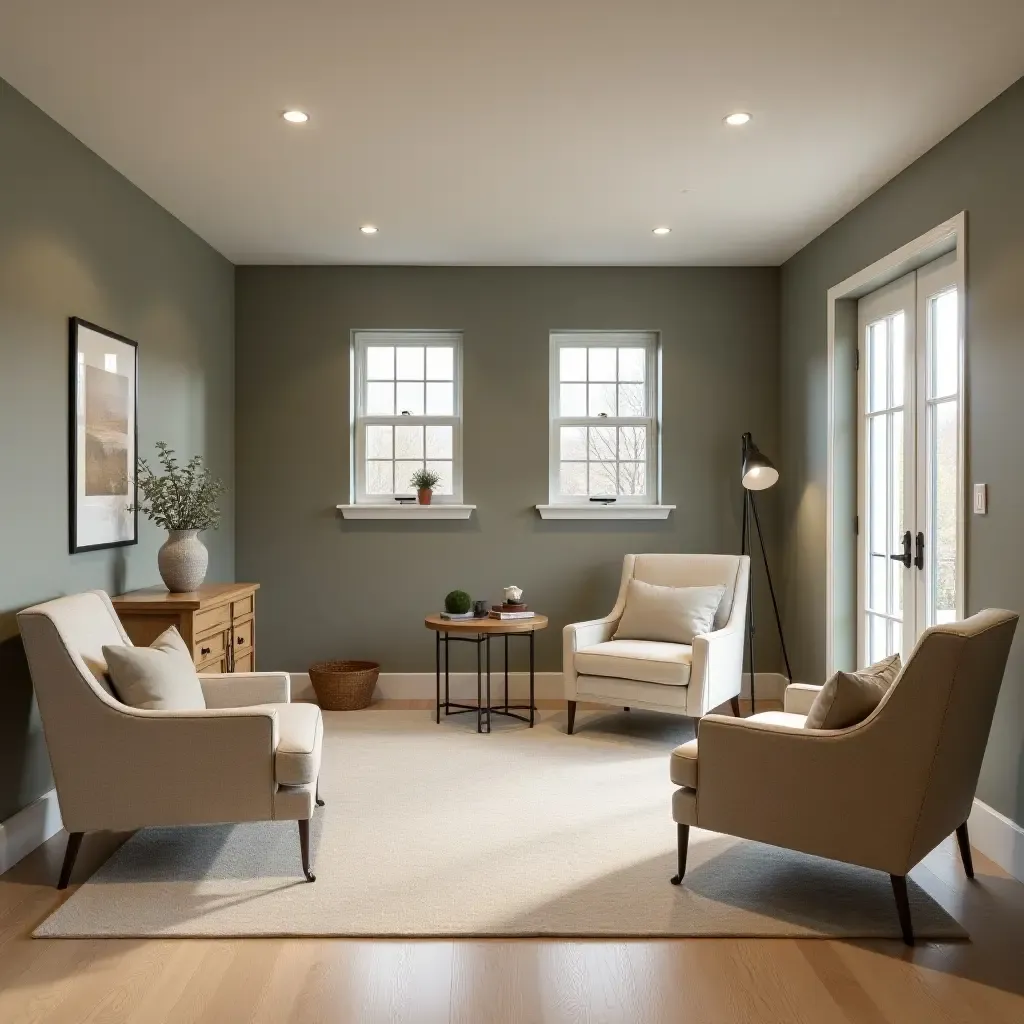 a photo of a basement retreat area with calming colors and adaptable furniture