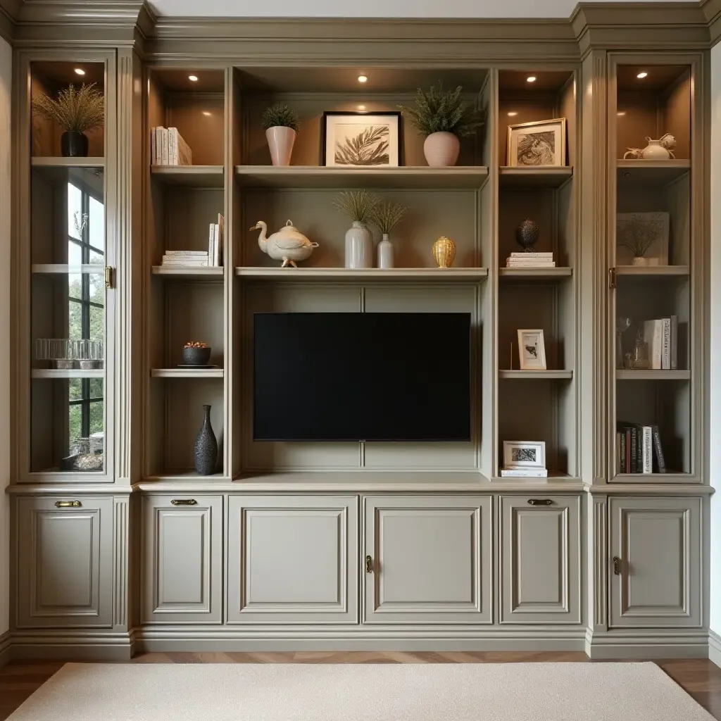 a photo of a luxurious built-in bookcase with gold accents and glass doors