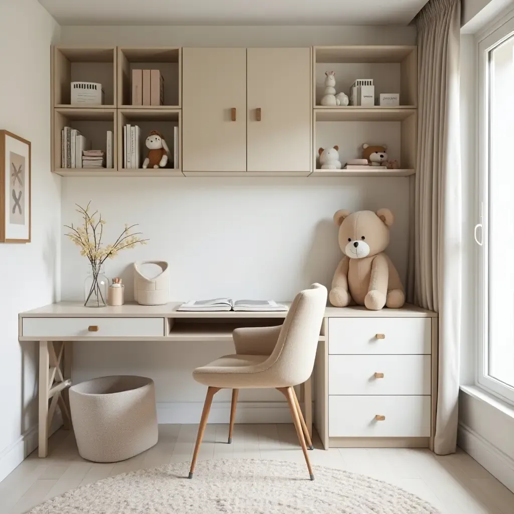 a photo of a stylish nursery with a wall-mounted desk and ample storage