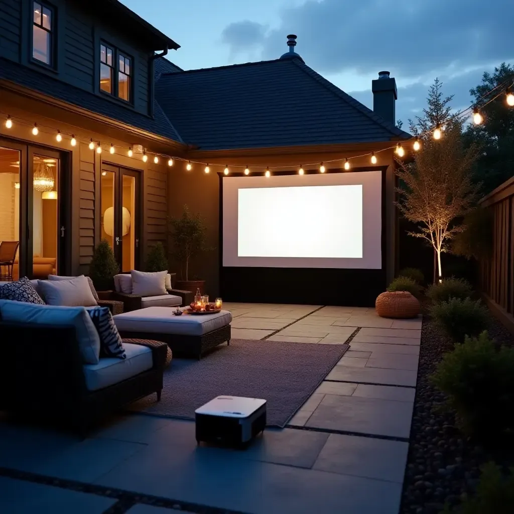 a photo of a concrete patio with a cozy outdoor movie setup and projector