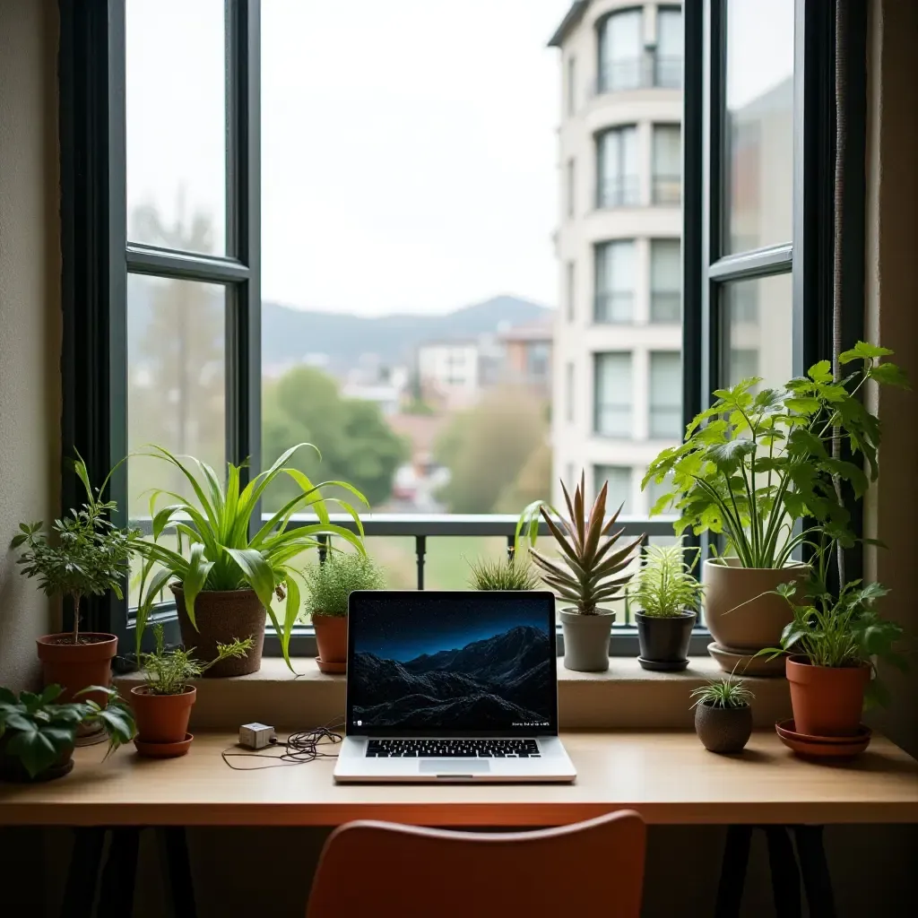 a photo of a balcony office setup with plants and a view