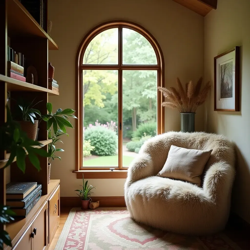 a photo of a reading nook with a plush sofa and a view of the garden