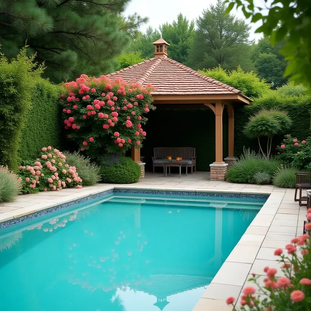 a photo of a poolside gazebo surrounded by flowering plants